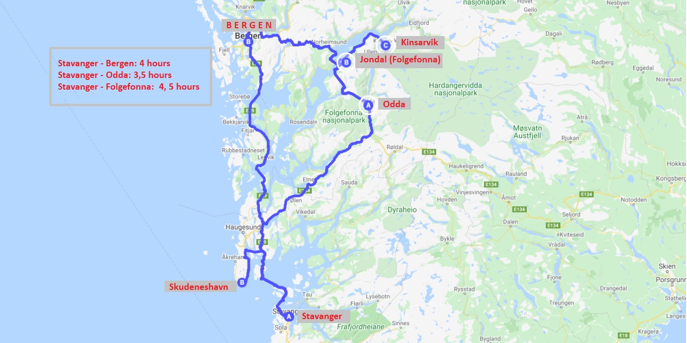 Kjøre fra Stavanger til Bergen - kart