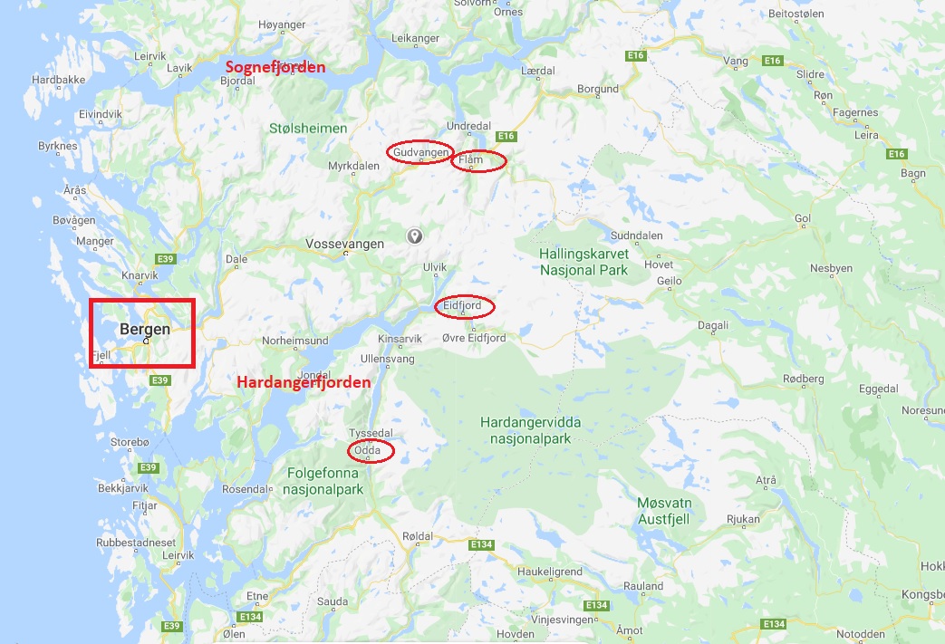 Hardangerfjorden og Sognefjorden kart