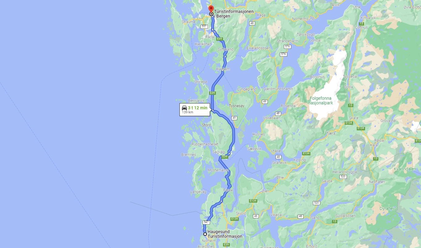 Haugesund Bergen kart