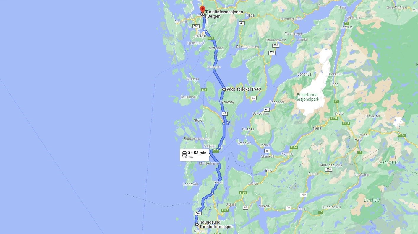 Kart Haugesund Bergen via Tysnes