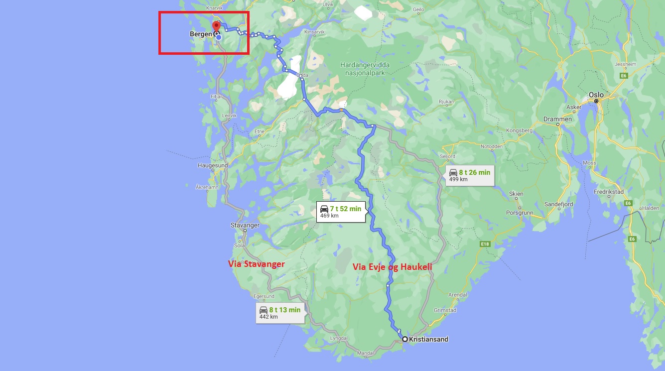 Kjøre fra Kristiansand til Bergen kart