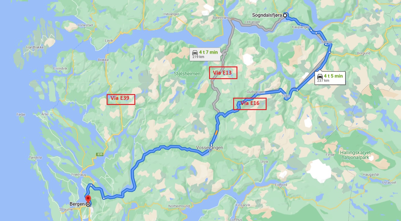 Sogndal - Bergen kart