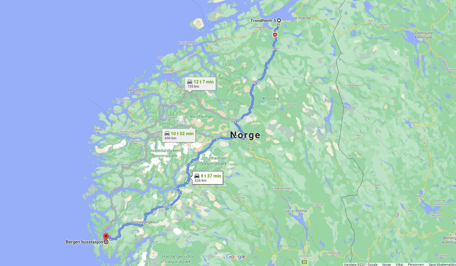 Kjørerute fra Trondheim til Bergen