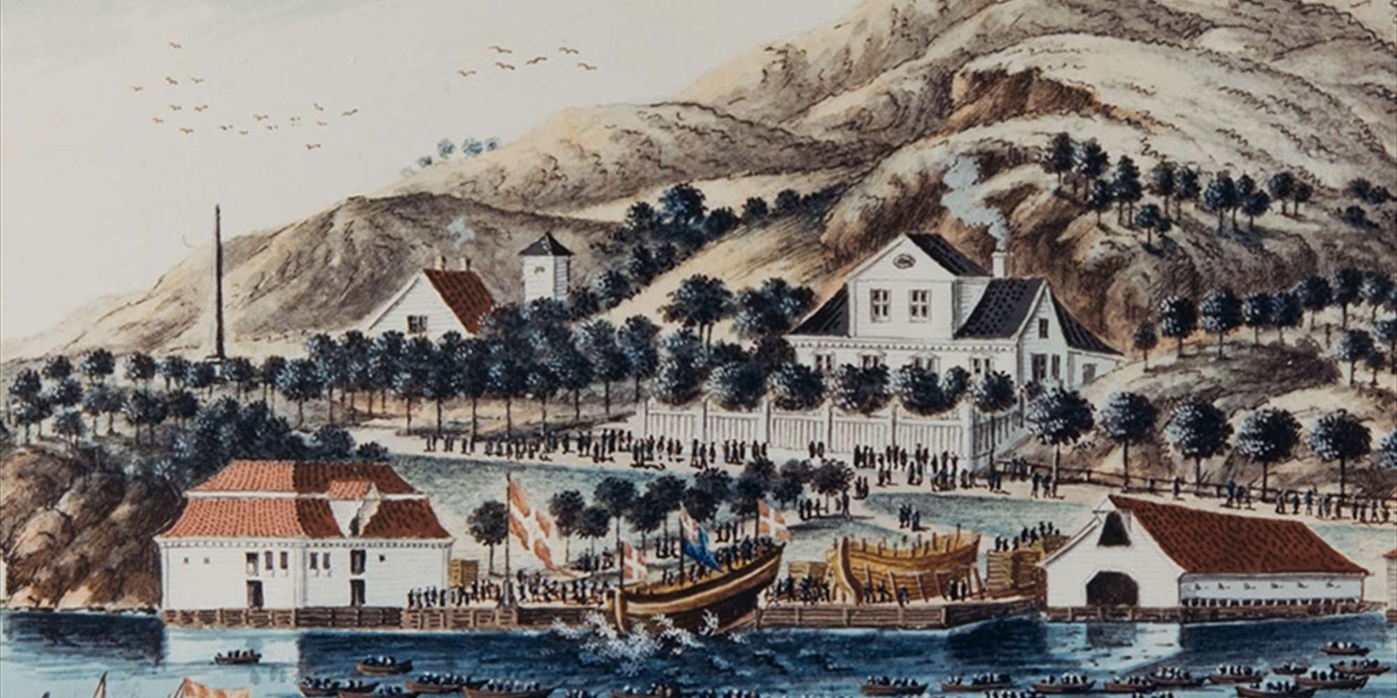 Fargebilde av Elsero for 150 år siden tatt fra sjøen