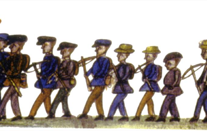 Den eldste illustrasjonen til buekorps fra 1856.